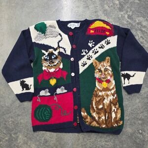 RARE Vintage‎ Novelty Knit Cardigan Cat Sweater Alexandra Bartlett Womens